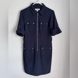 Navy Zip-Front Shirt Dress with Utility Pockets